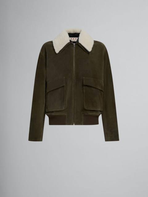GREEN SUEDE JACKET WITH SHEARLING COLLAR