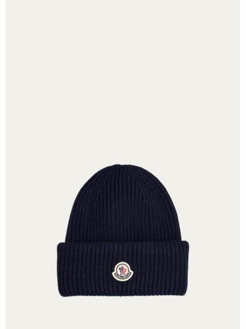 Moncler Men's Wool and Cashmere Ribbed Logo Beanie Hat
