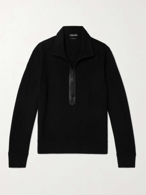 Leather-Trimmed Merino Wool Half-Zip Sweater