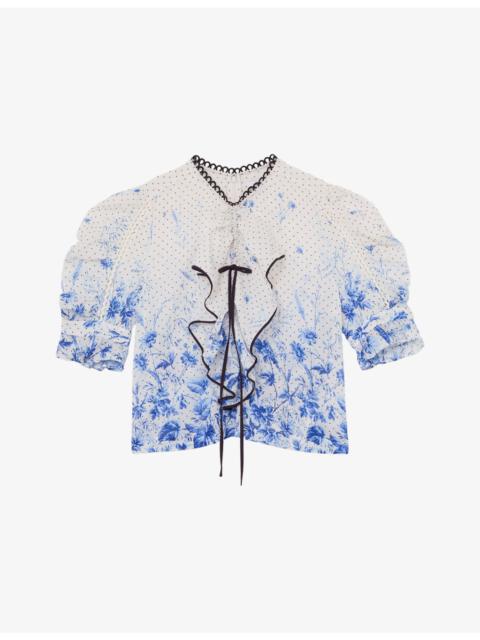REISS Minnie Floral-Print Ruffled Cotton Blouse