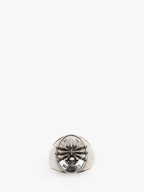 Alexander McQueen Men's Spider Skull Signet Ring in Antique Silver