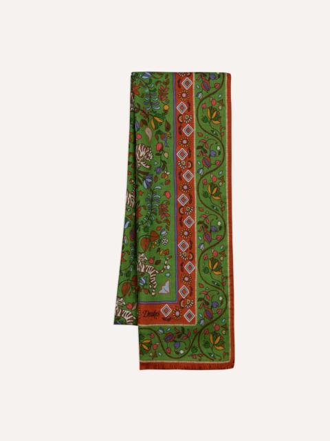 Drake's Green Tiger Garden Print Wool Silk Scarf