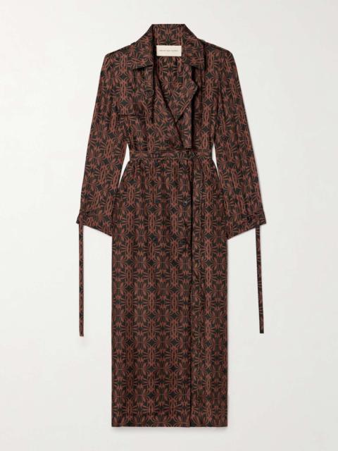 Belted printed silk trench coat