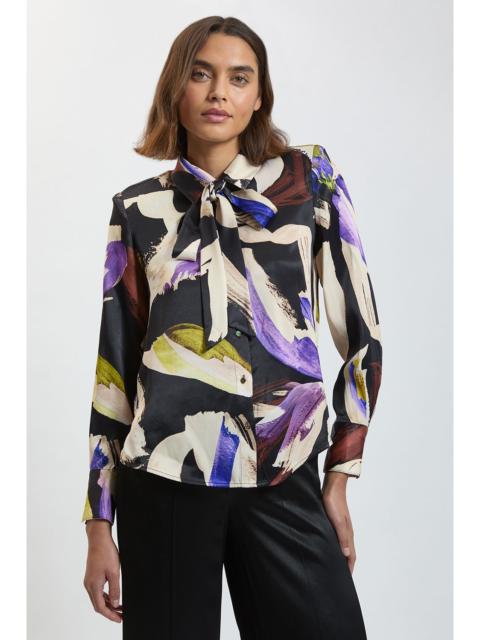 KAREN MILLEN Viscose Satin Crepe Printed Tie Neck Shirt