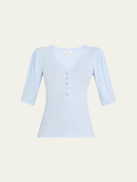 FRAME Rib Ruched Short-Sleeve Henley Top