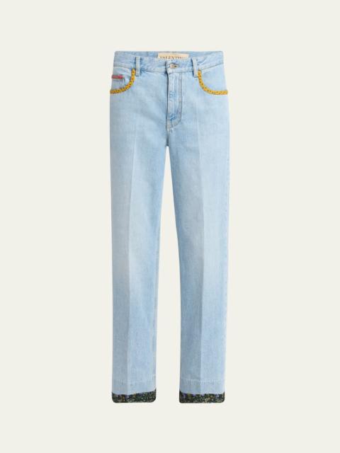 Valentino Floral Trimmed Denim Pants