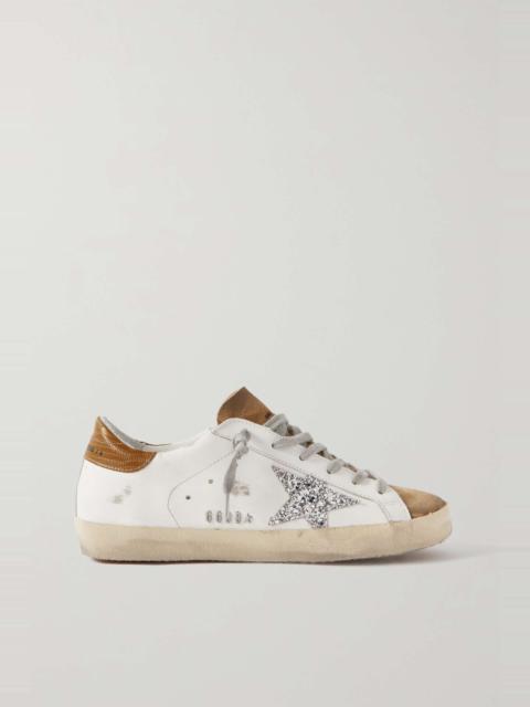 Superstar glittered distressed leather and suede sneakers