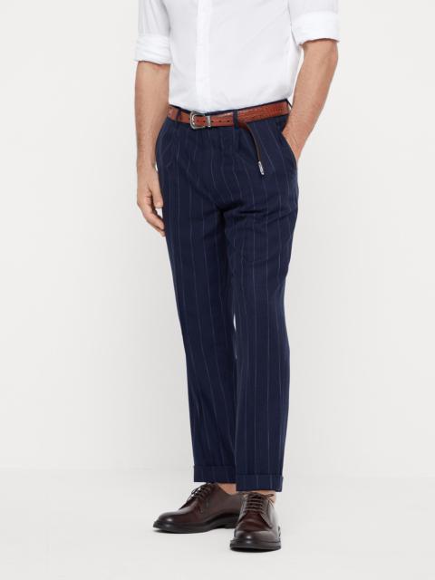 Cotton and virgin wool chalk stripe diagonal leisure fit trousers with pleat