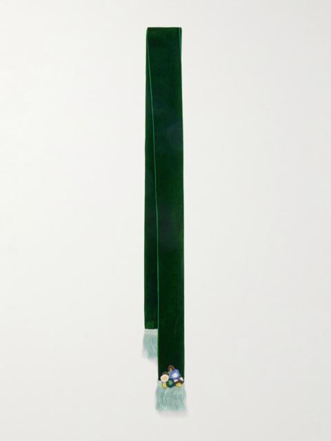 Valentino Fringed embellished velvet scarf Forest green