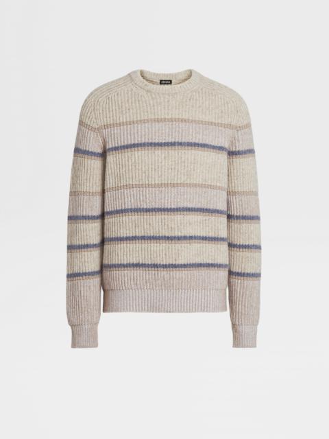 ZEGNA LIGHT TAUPE STRIPED CASHMERE AND SILK CREWNECK