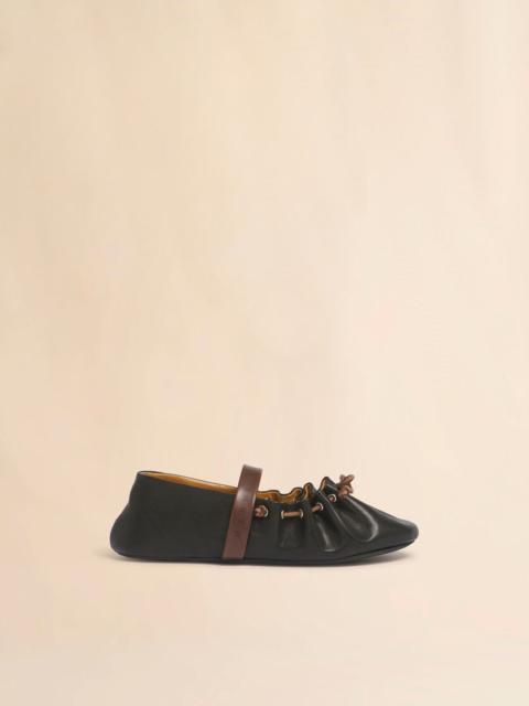 Marni BLACK AND BROWN LEATHER MARY JANE SOFT BALLERINA