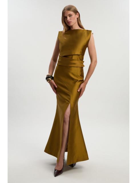 KAREN MILLEN Satin Twill Draped Waist Structured Tailored Maxi Dress