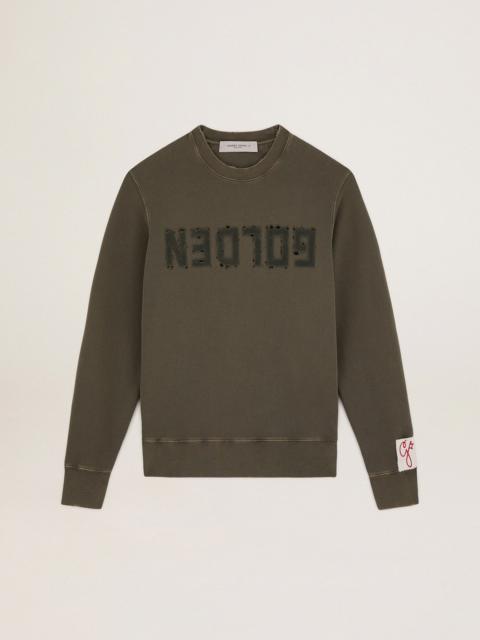 Olive-green Golden Collection sweatshirt with a distressed treatment and Golden lettering on the fro