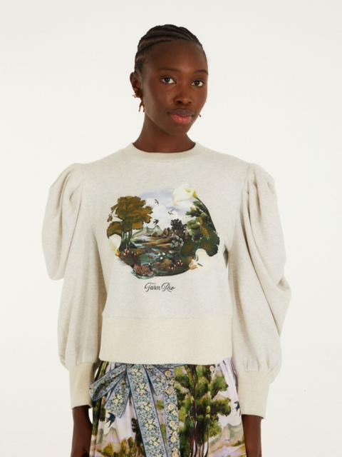 FARM RIO Grey Countryside Landscape Puff Sleeve Sweater