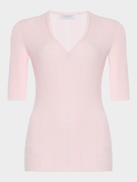 GABRIELA HEARST Amari V-Neck Pointelle Rib Short-Sleeve Top