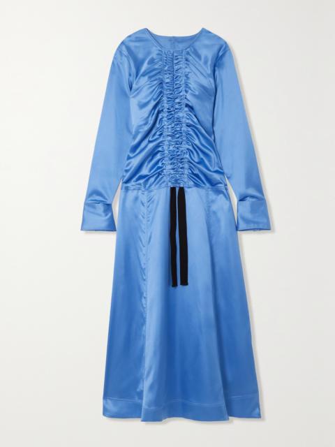 GANNI Ruched Cutout Recycled Stretch-satin Midi Dress