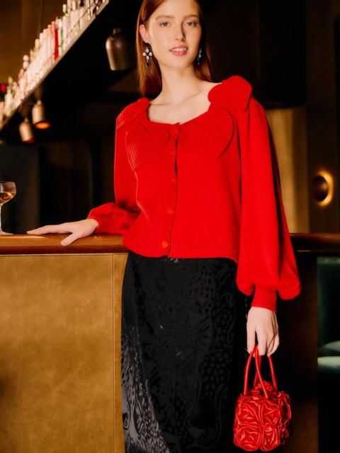 FARM RIO Red 3D Heartful Puff Sleeve Knit Cardigan
