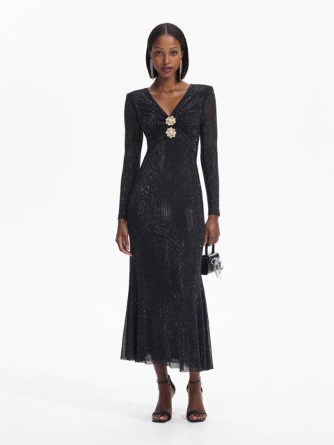Black Rhinestone Mesh V-Neck Midi Dress