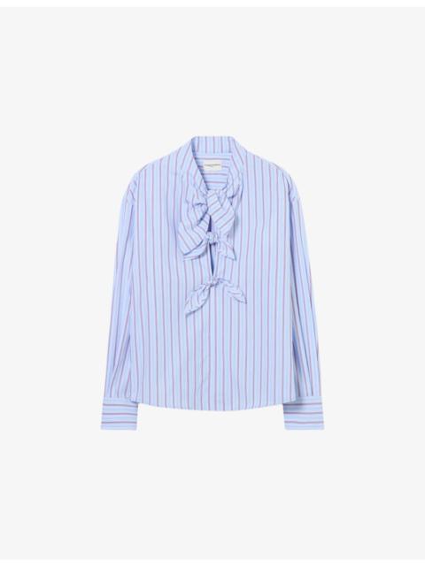 Claudie Pierlot Striped Tie-Front Cotton-Poplin Blouse