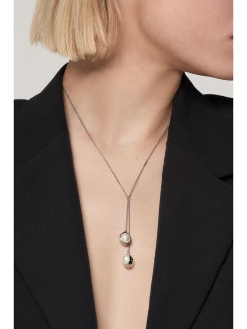 KAREN MILLEN Silver Tone Logo Pearl Double Drop Necklace