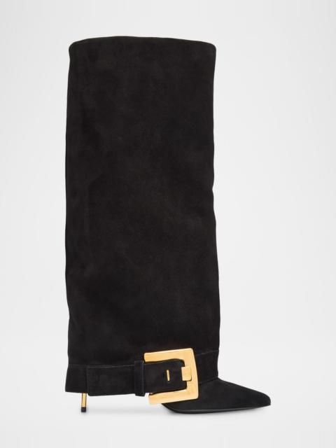 Balmain Anthem Suede Buckle Knee-High Boots