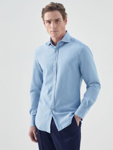 Denim-effect chambray slim fit shirt with spread collar