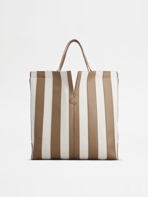 Tod's TOD'S DI BAG FOLIO IN LEATHER AND CANVAS MEDIUM - WHITE, BEIGE