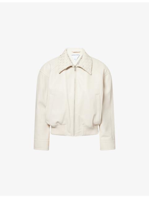 Bottega Veneta Intrecciato-Collar Leather Bomber Jacket