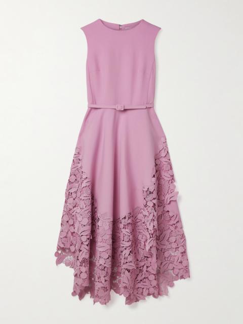 Oscar de la Renta Belted Guipure Lace-trimmed Wool-blend Crepe Midi Dress