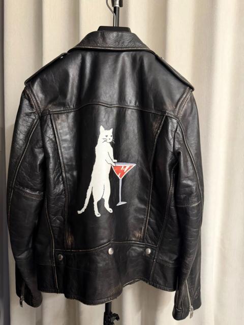 SAINT LAURENT Saint Laurent Paris FW17 L01 Distressed White Cat Print Lambskin Biker Jacket
