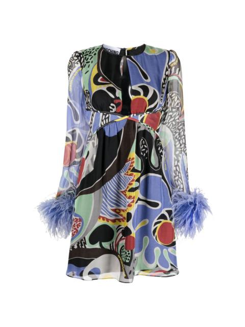 feather-trim psychedelic print dress