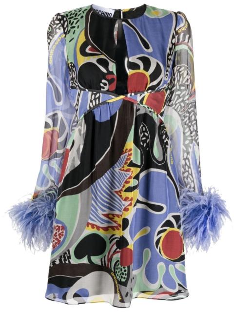 Moschino feather-trim psychedelic print dress