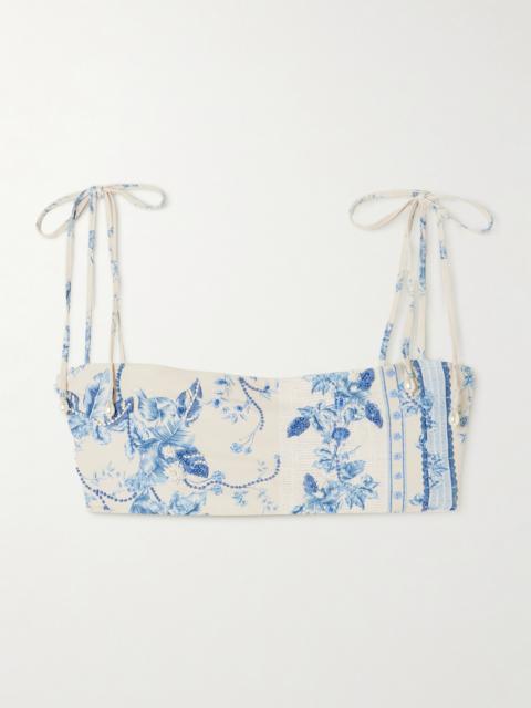 Agua by Agua Bendita Primavera Bougainvillea Faux Pearl And Bead-embellished Floral-print Recycled Bikini Top