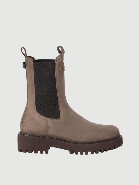 Brunello Cucinelli Suede boots with knit insert and precious loop detail