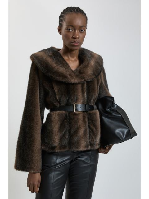 KAREN MILLEN Faux Fur Oversize Collar Belted Short Coat