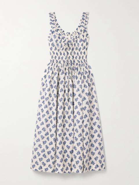 DÔEN Emmaretta Shirred Floral-print Organic Cotton-voile Midi Dress