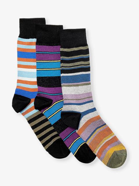 Multi stripe-pattern pack of three stretch-cotton knitted socks