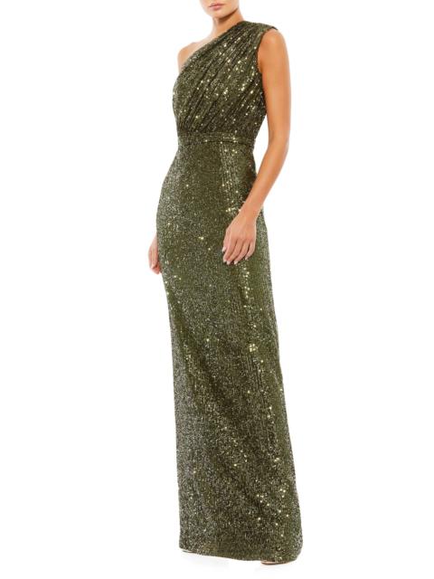 MAC DUGGAL Women's Sequined Ruched One-Shoulder Gown - Olive