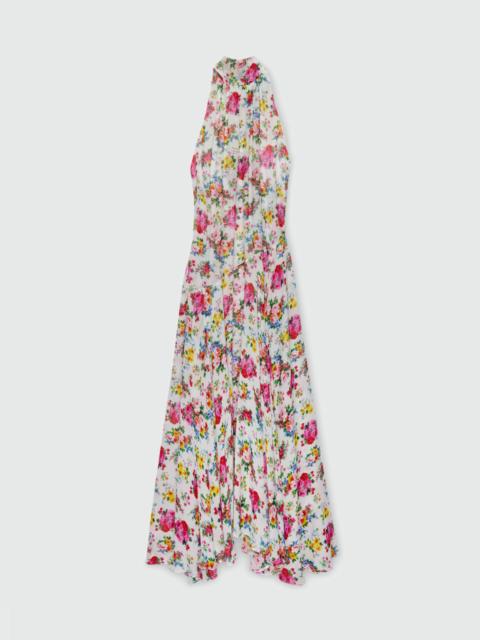 MSGM White long viscose georgette dress with floral print and pleated skirt