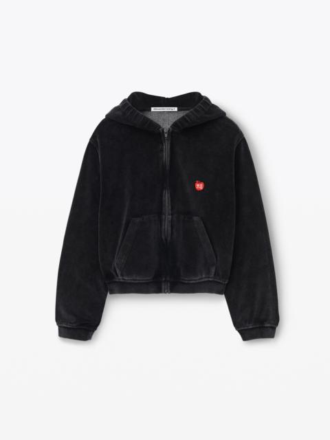 apple logo shrunken zip up hoodie in velour