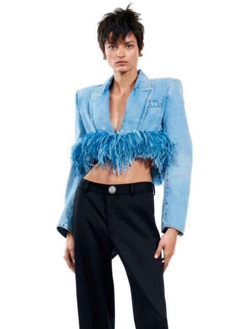 AREA FRAYED DENIM FEATHER TRIM CROPPED BLAZER