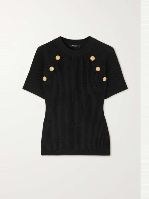 Button-embellished ribbed-knit top