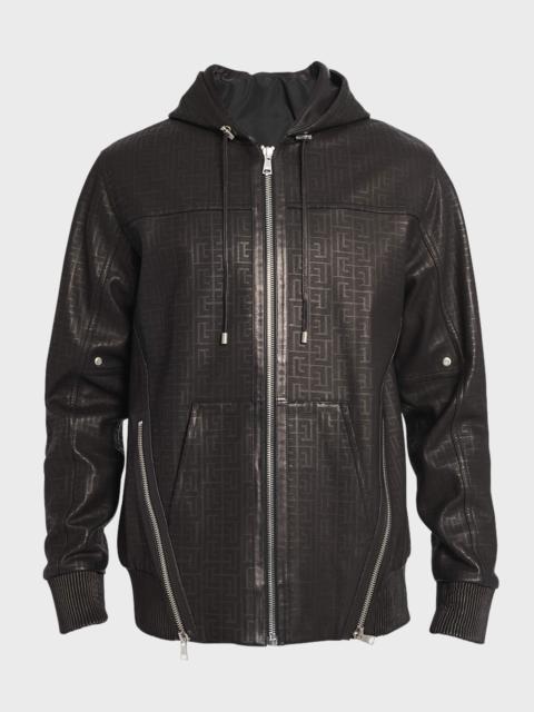 Balmain Men's Monogram Leather Full-Zip Hooded Jacket, Black, Men's, 40R, Coats Jackets & Outerwear Leather Jackets