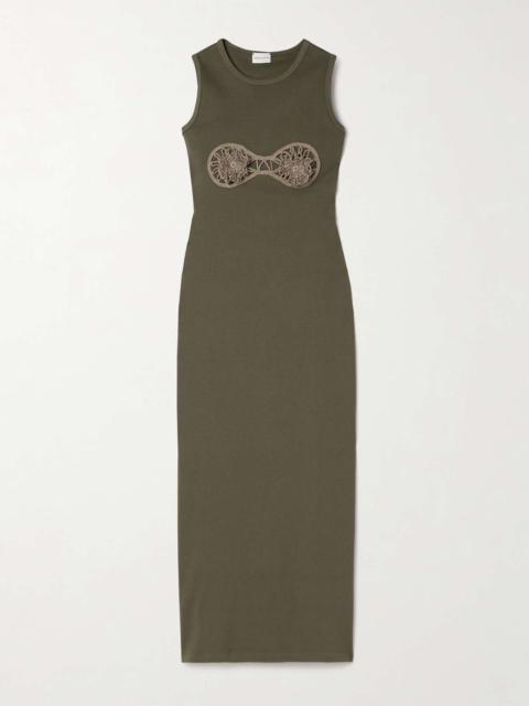Crochet-trimmed ribbed cotton-blend jersey midi dress Army green
