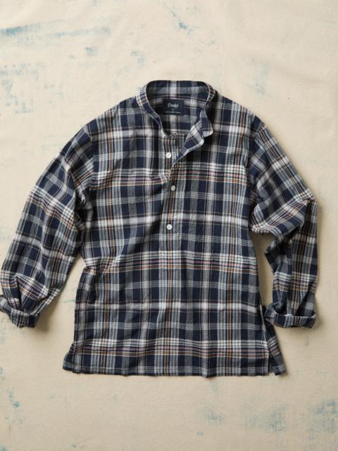 Drake's Navy, White and Yellow Madras Check Cotton Mandarin Collar Popover Shirt