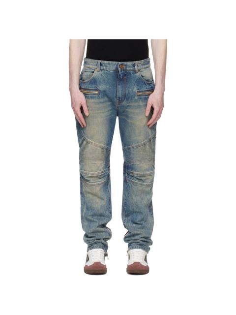 Balmain Blue Vintage Denim Biker Jeans