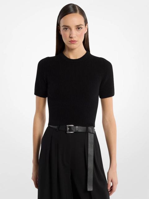 MICHAEL KORS COLLECTION Ribbed Cashmere Three-Quarter Sleeve Cropped Sweater