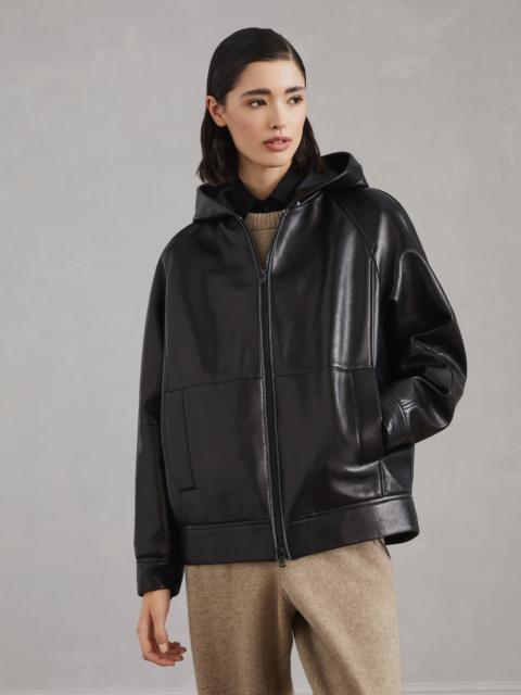 Nappa leather hooded outerwear jacket with shiny trims