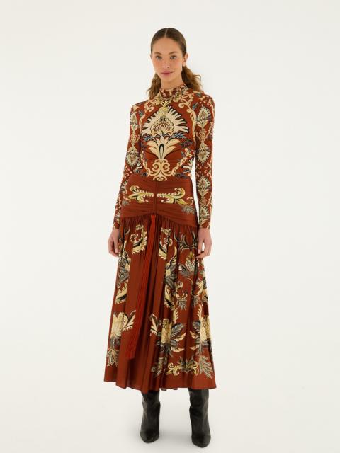 FARM RIO Orange Arabesque Paradise Flower Fringe Lenzing™ Ecovero™ Viscose Midi Skirt