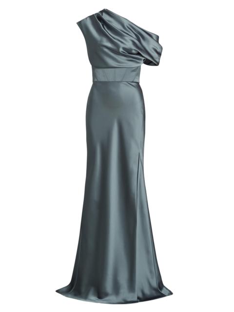 AMSALE Women's Satin One-Shoulder Gown - Petrol